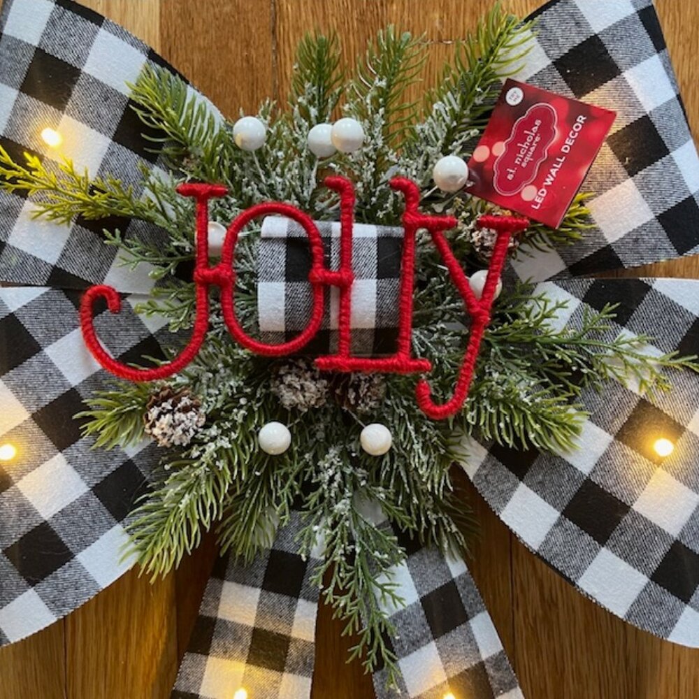St. Nicholas Square LED Wall Decor, Black & White Gingham Lighted Bow